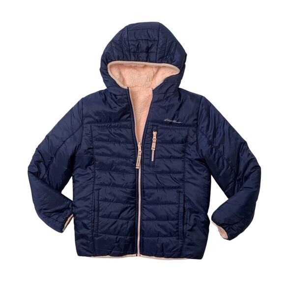 Eddie Bauer Jacket Girls M Navy Pink Faux Fur Full Zip Deer Harbor Reversible - Picture 1 of 14
